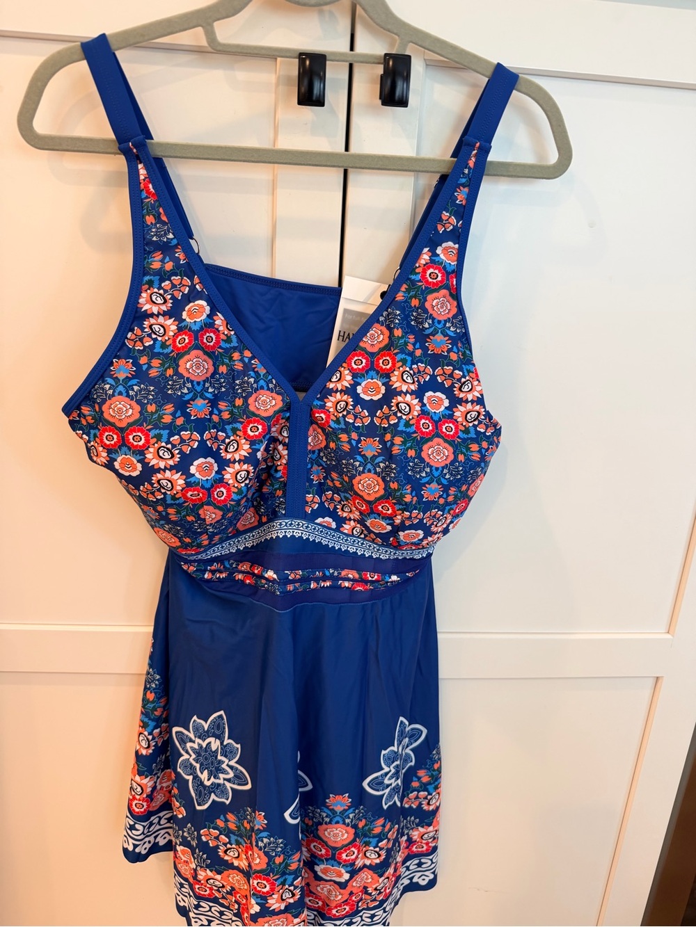 Blue Floral Swimdress Top with Built-In Bra